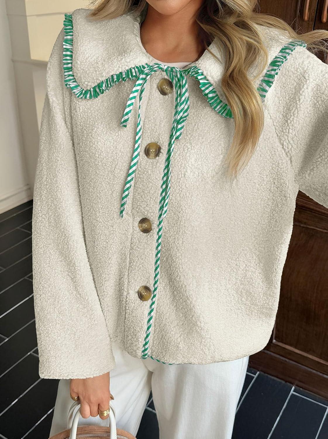 imageTankaneo Womens Fuzzy Fleece Jacket Peter Pan Collar Button Down Fall Winter Sherpa Coats Colorblock Cute Warm OuterwearGreen