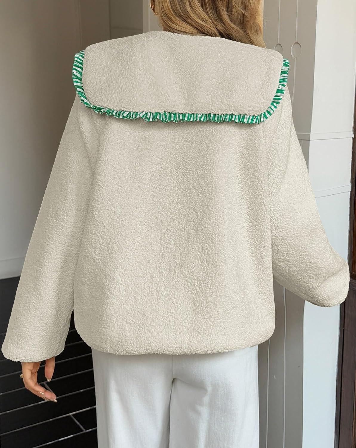 imageTankaneo Womens Fuzzy Fleece Jacket Peter Pan Collar Button Down Fall Winter Sherpa Coats Colorblock Cute Warm OuterwearGreen