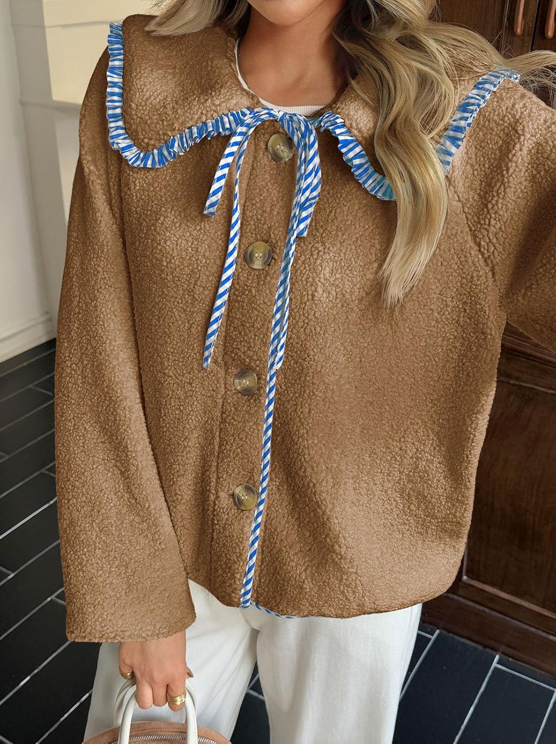 imageTankaneo Womens Fuzzy Fleece Jacket Peter Pan Collar Button Down Fall Winter Sherpa Coats Colorblock Cute Warm OuterwearKhaki