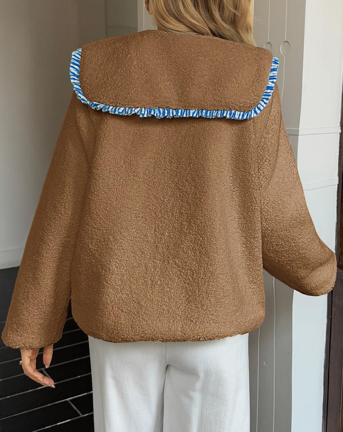 imageTankaneo Womens Fuzzy Fleece Jacket Peter Pan Collar Button Down Fall Winter Sherpa Coats Colorblock Cute Warm OuterwearKhaki