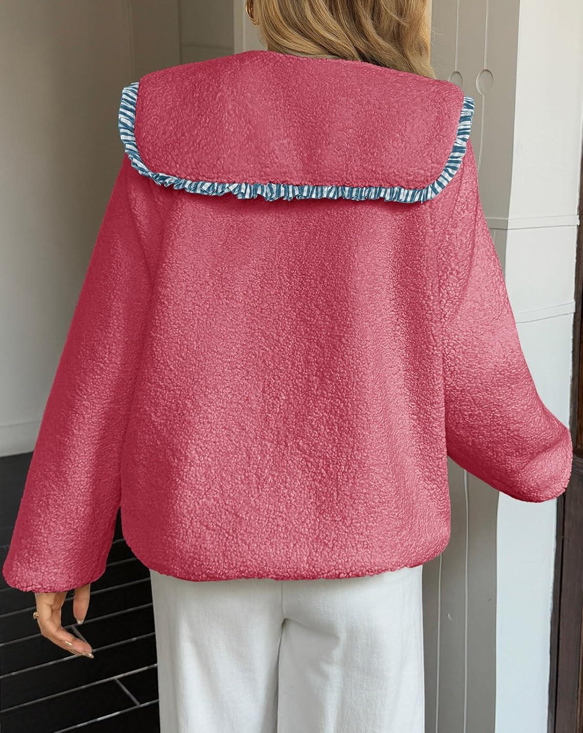 imageTankaneo Womens Fuzzy Fleece Jacket Peter Pan Collar Button Down Fall Winter Sherpa Coats Colorblock Cute Warm OuterwearPink