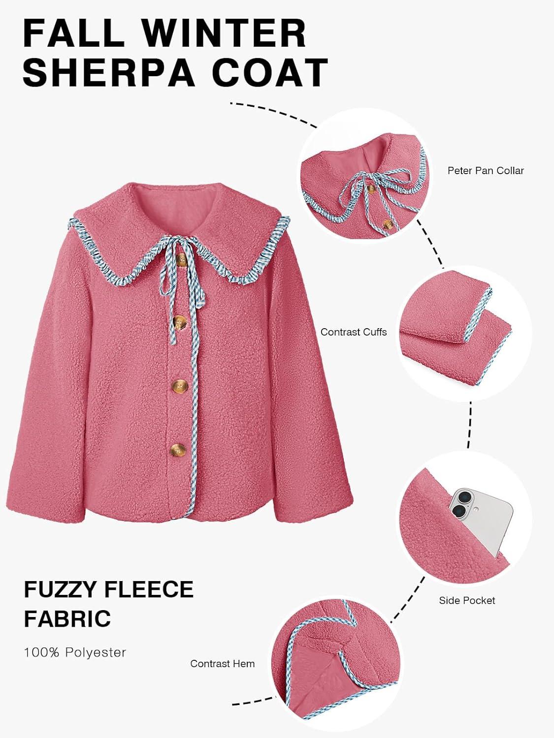 imageTankaneo Womens Fuzzy Fleece Jacket Peter Pan Collar Button Down Fall Winter Sherpa Coats Colorblock Cute Warm OuterwearPink