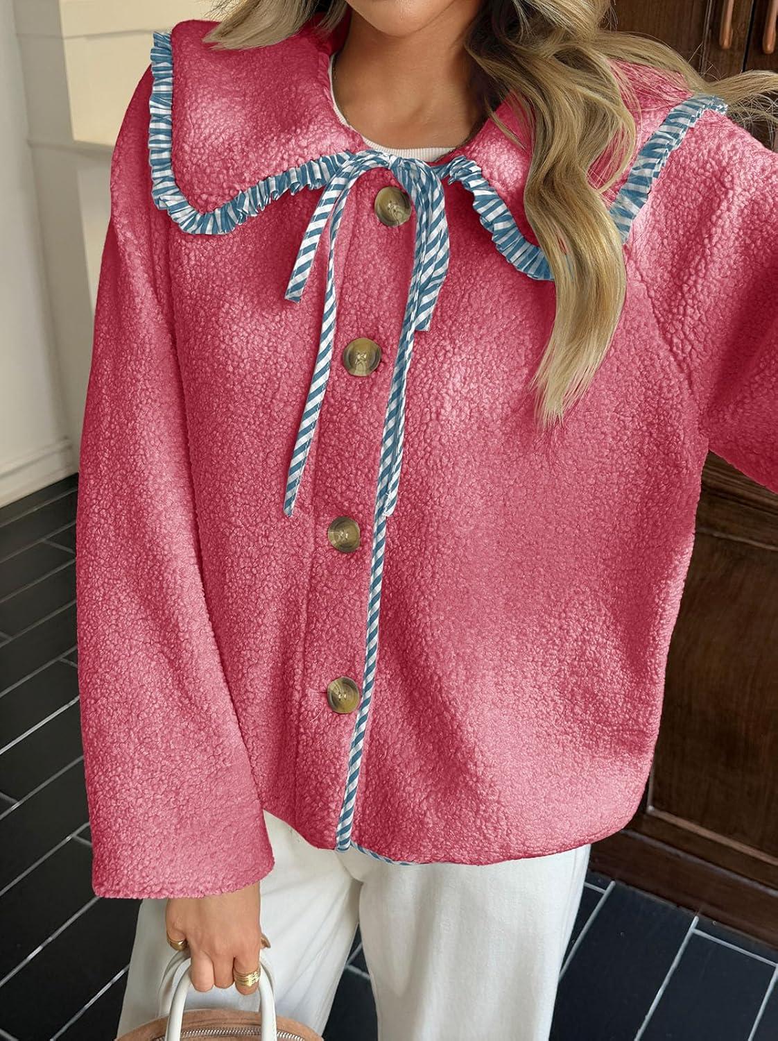 imageTankaneo Womens Fuzzy Fleece Jacket Peter Pan Collar Button Down Fall Winter Sherpa Coats Colorblock Cute Warm OuterwearPink