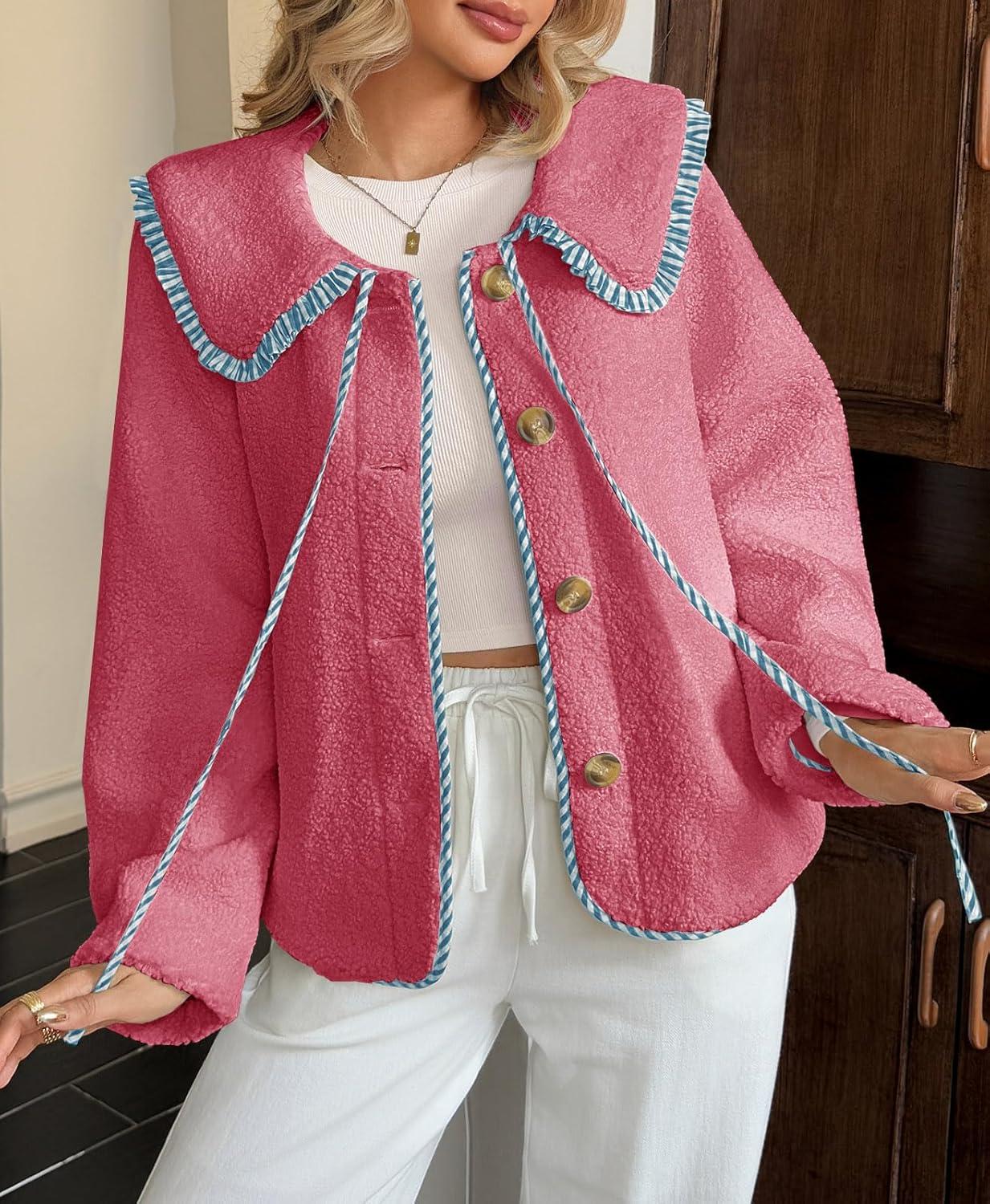 imageTankaneo Womens Fuzzy Fleece Jacket Peter Pan Collar Button Down Fall Winter Sherpa Coats Colorblock Cute Warm OuterwearPink