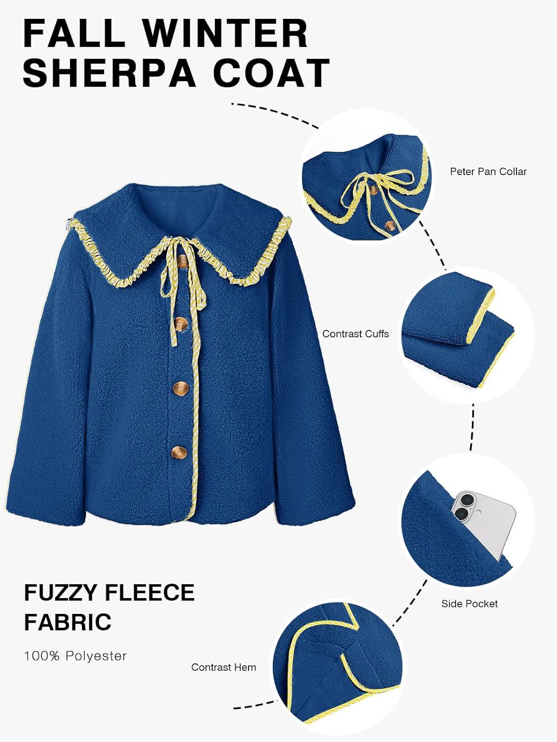 imageTankaneo Womens Fuzzy Fleece Jacket Peter Pan Collar Button Down Fall Winter Sherpa Coats Colorblock Cute Warm OuterwearRoyal Blue