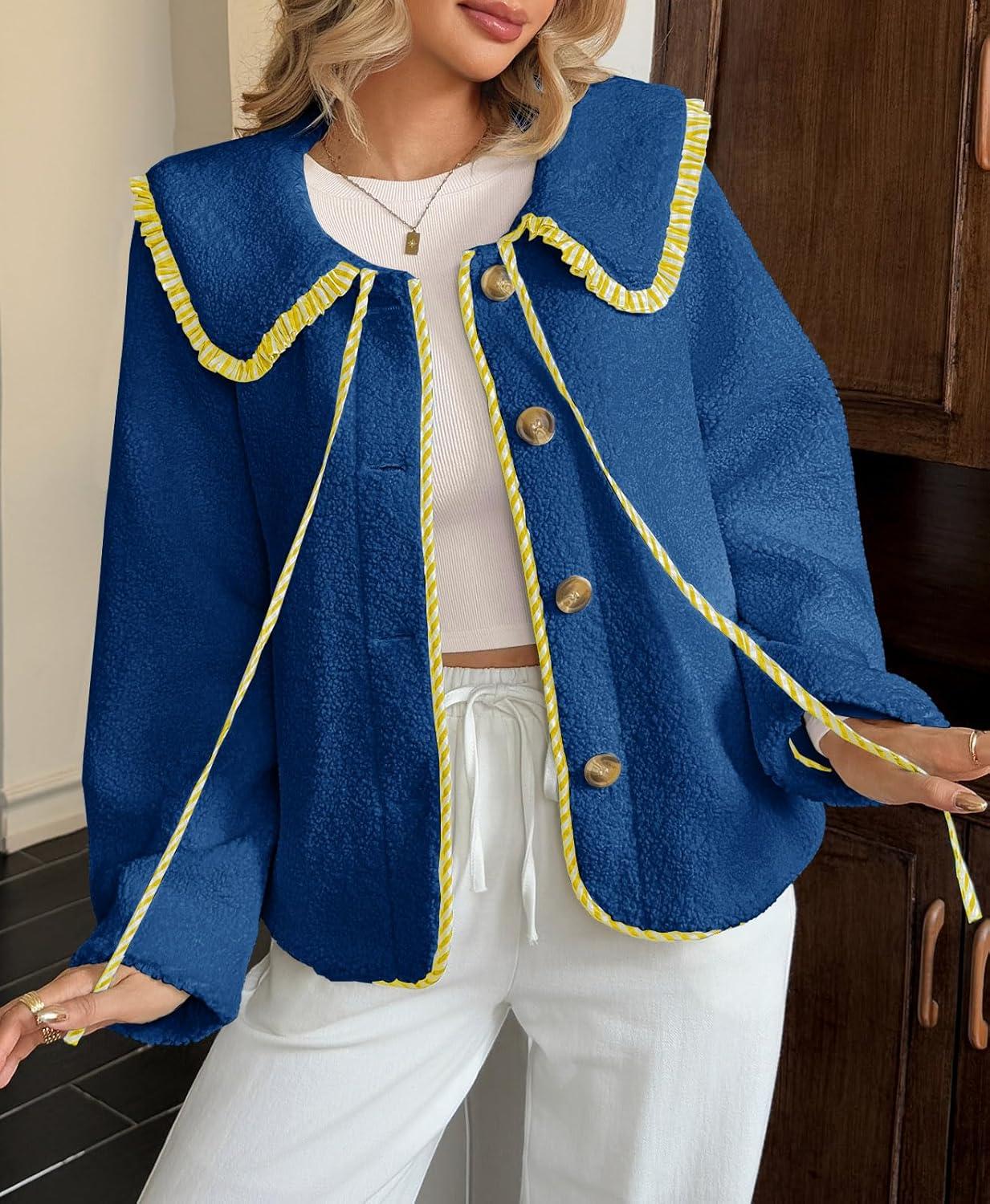 imageTankaneo Womens Fuzzy Fleece Jacket Peter Pan Collar Button Down Fall Winter Sherpa Coats Colorblock Cute Warm OuterwearRoyal Blue