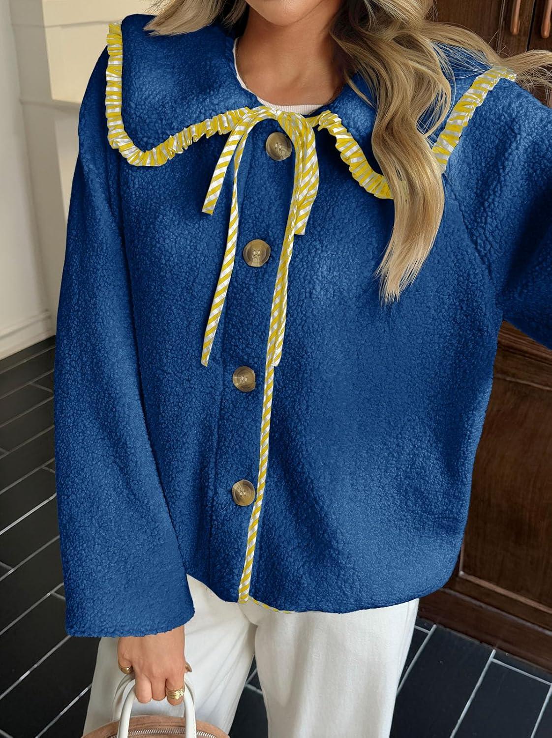 imageTankaneo Womens Fuzzy Fleece Jacket Peter Pan Collar Button Down Fall Winter Sherpa Coats Colorblock Cute Warm OuterwearRoyal Blue