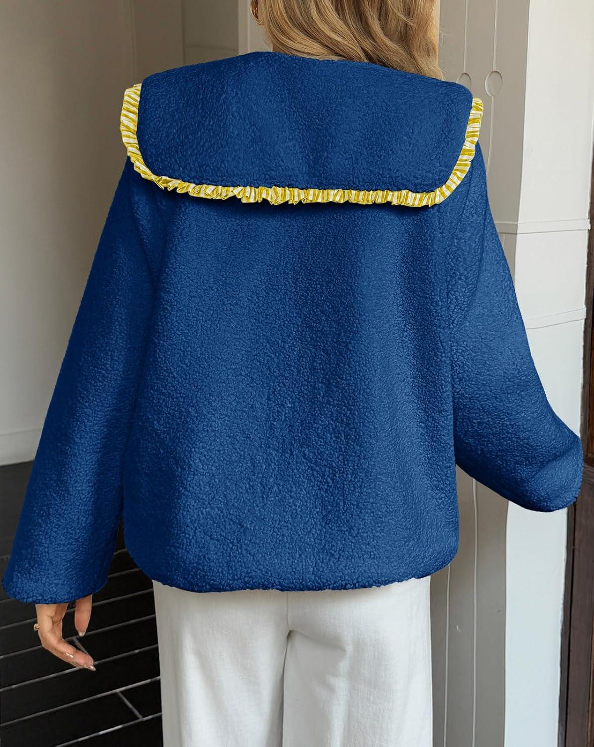 imageTankaneo Womens Fuzzy Fleece Jacket Peter Pan Collar Button Down Fall Winter Sherpa Coats Colorblock Cute Warm OuterwearRoyal Blue