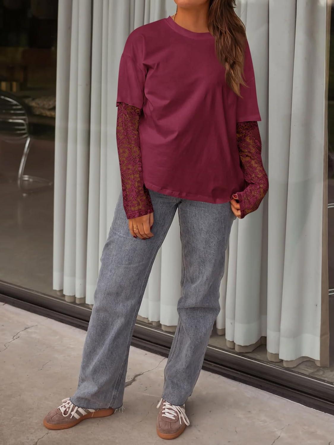 imageTankaneo Womens Lace Long Sleeve T Shirts Top Fall 2025 Casual Tops Crewneck Basic Tees Fall Clothes 2025Burgundy
