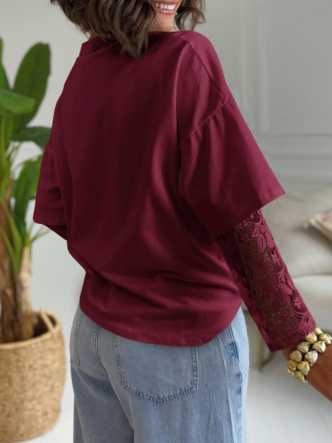 imageTankaneo Womens Lace Long Sleeve T Shirts Top Fall 2025 Casual Tops Crewneck Basic Tees Fall Clothes 2025Burgundy