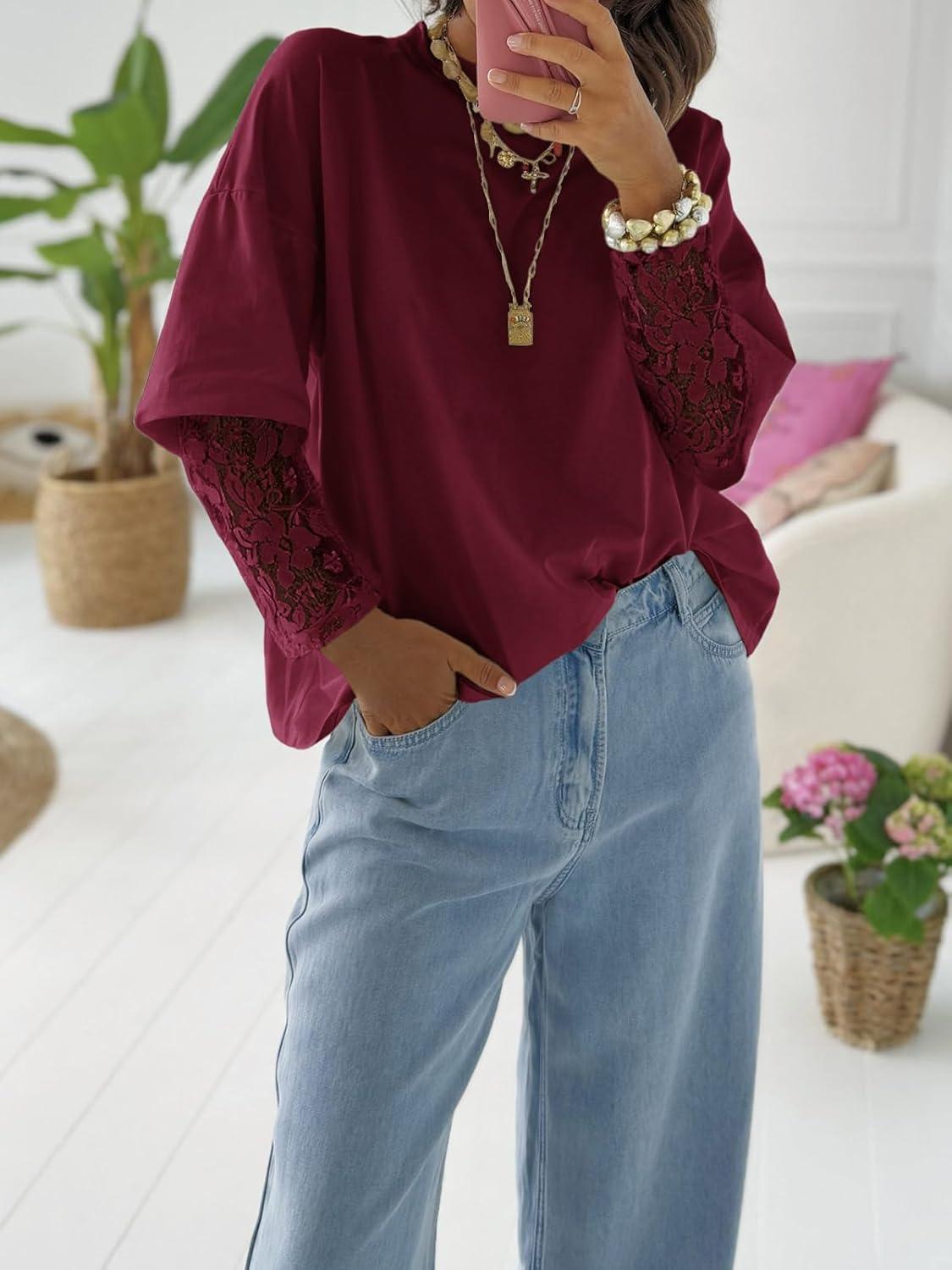 imageTankaneo Womens Lace Long Sleeve T Shirts Top Fall 2025 Casual Tops Crewneck Basic Tees Fall Clothes 2025Burgundy