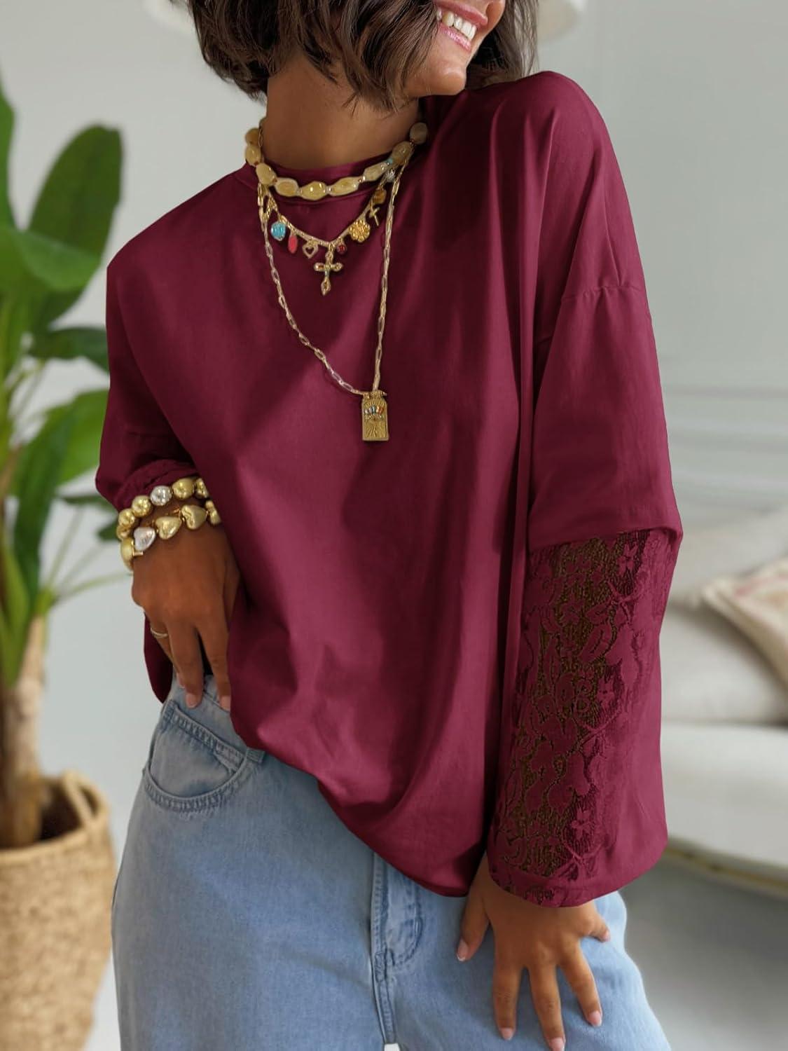 imageTankaneo Womens Lace Long Sleeve T Shirts Top Fall 2025 Casual Tops Crewneck Basic Tees Fall Clothes 2025Burgundy