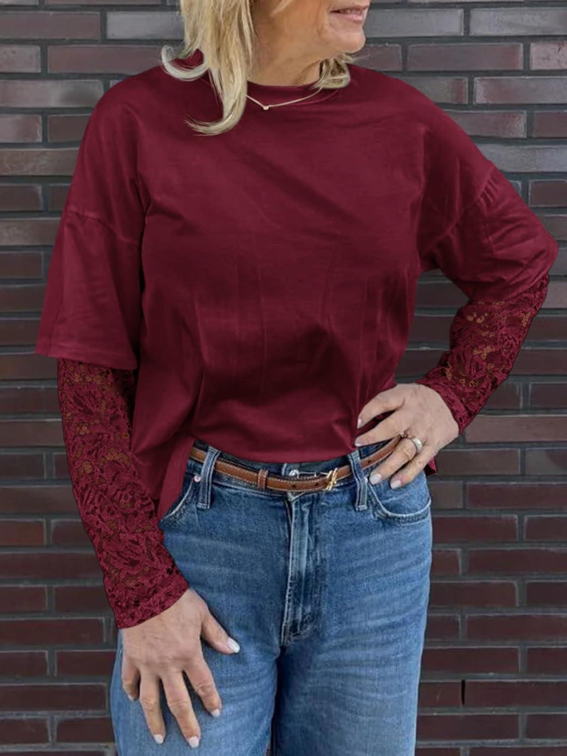 imageTankaneo Womens Lace Long Sleeve T Shirts Top Fall 2025 Casual Tops Crewneck Basic Tees Fall Clothes 2025Burgundy