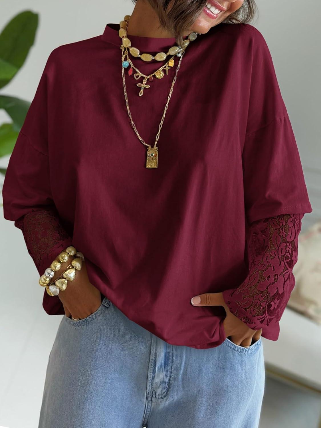 imageTankaneo Womens Lace Long Sleeve T Shirts Top Fall 2025 Casual Tops Crewneck Basic Tees Fall Clothes 2025Burgundy