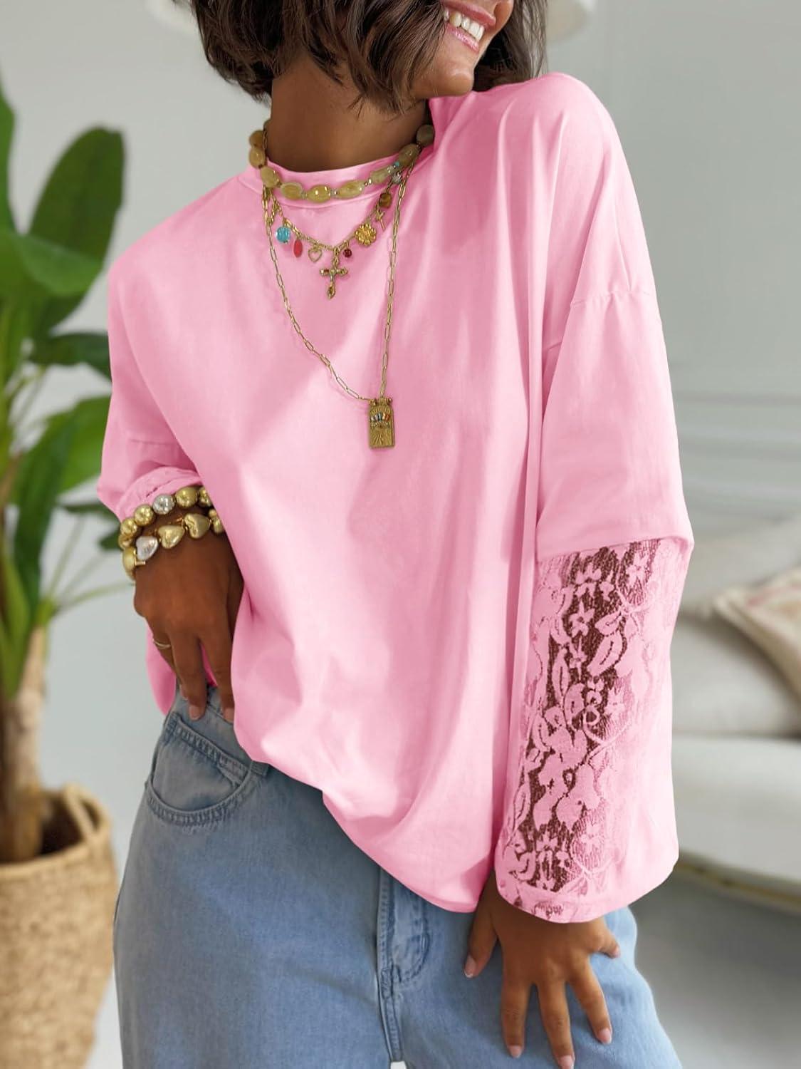 imageTankaneo Womens Lace Long Sleeve T Shirts Top Fall 2025 Casual Tops Crewneck Basic Tees Fall Clothes 2025Pink