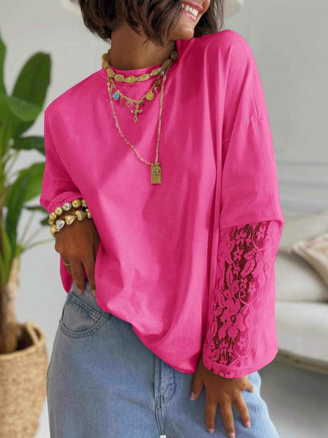 imageTankaneo Womens Lace Long Sleeve T Shirts Top Fall 2025 Casual Tops Crewneck Basic Tees Fall Clothes 2025Rose Red