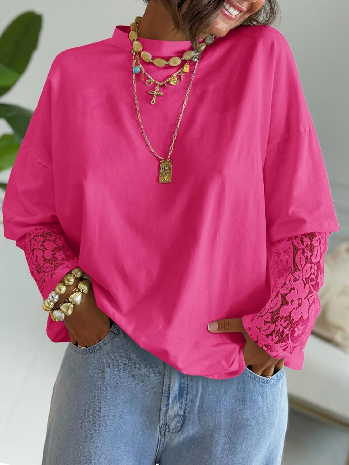 imageTankaneo Womens Lace Long Sleeve T Shirts Top Fall 2025 Casual Tops Crewneck Basic Tees Fall Clothes 2025Rose Red