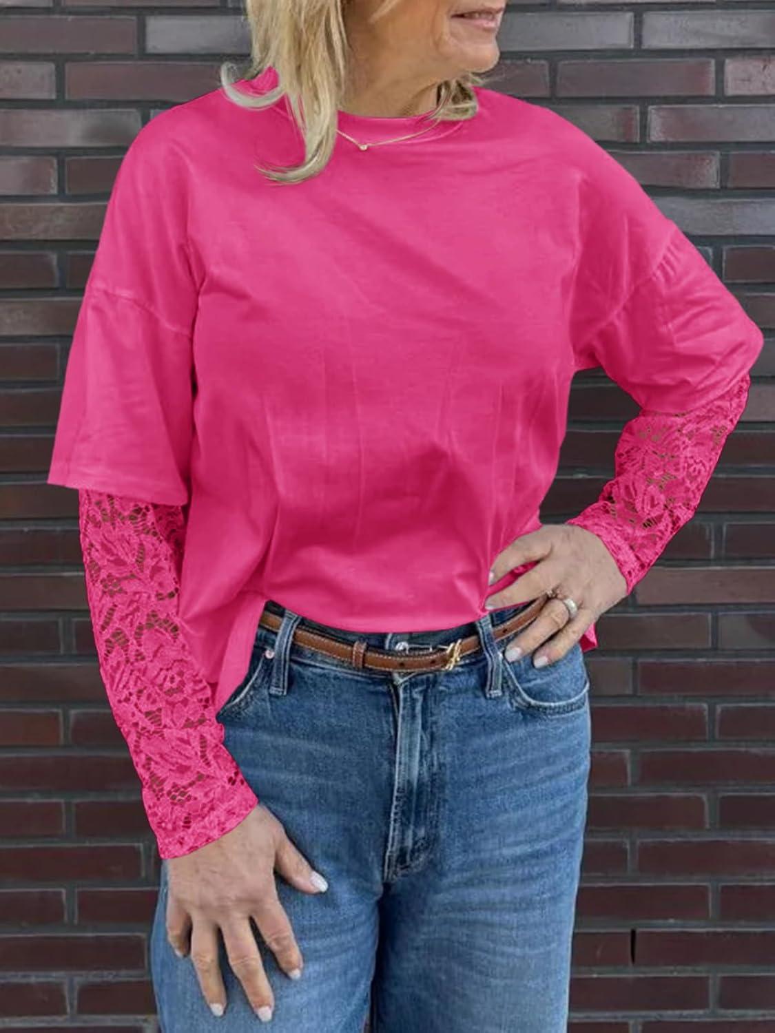 imageTankaneo Womens Lace Long Sleeve T Shirts Top Fall 2025 Casual Tops Crewneck Basic Tees Fall Clothes 2025Rose Red