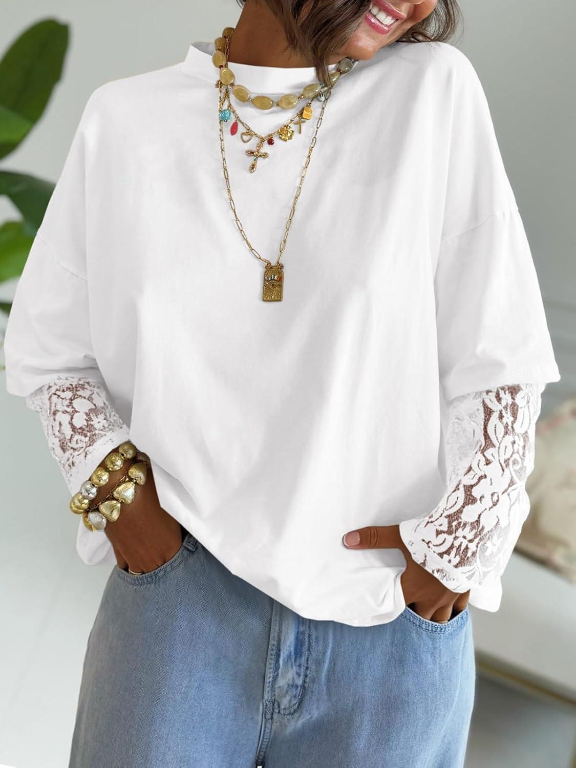 imageTankaneo Womens Lace Long Sleeve T Shirts Top Fall 2025 Casual Tops Crewneck Basic Tees Fall Clothes 2025White