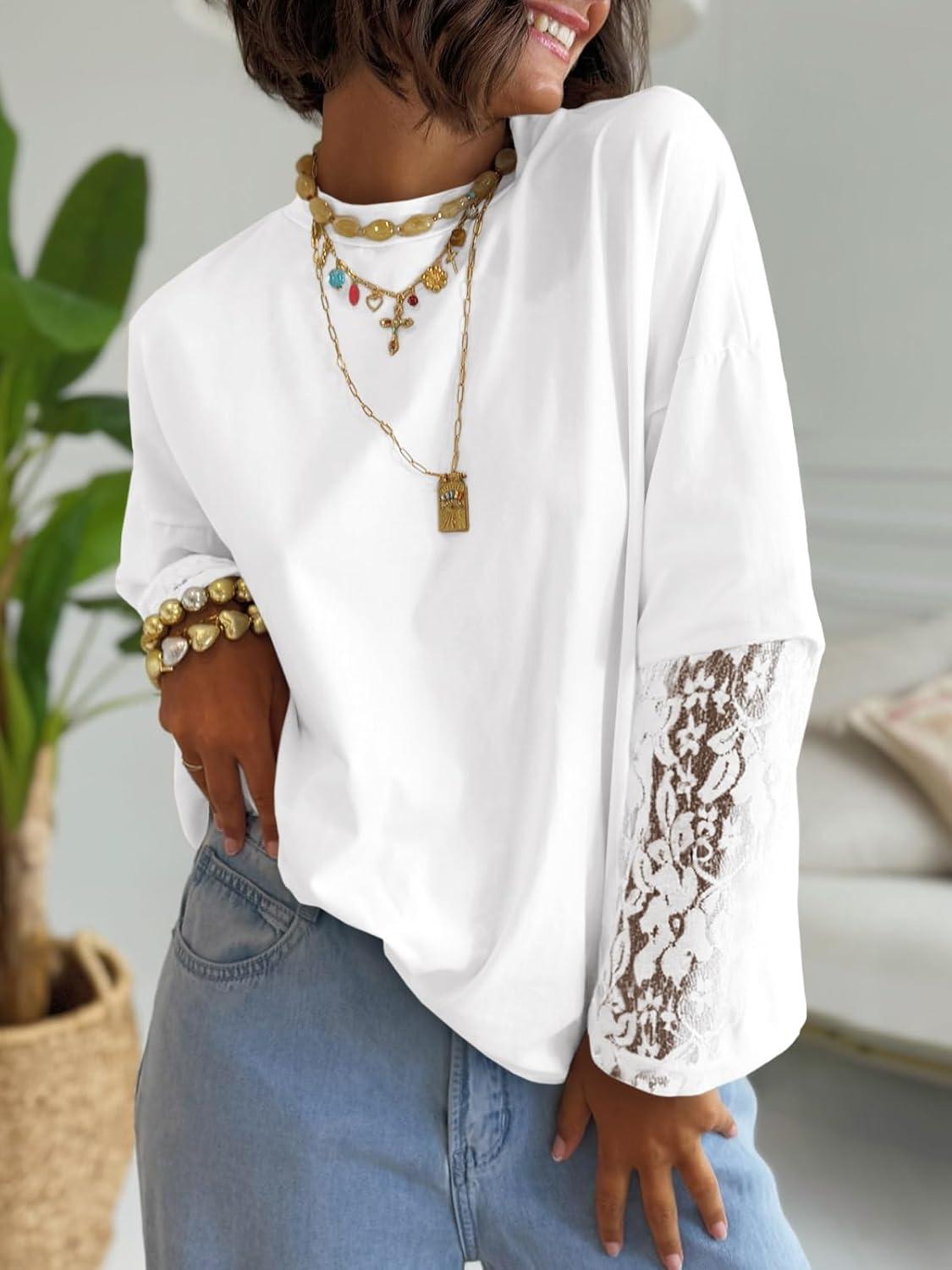 imageTankaneo Womens Lace Long Sleeve T Shirts Top Fall 2025 Casual Tops Crewneck Basic Tees Fall Clothes 2025White