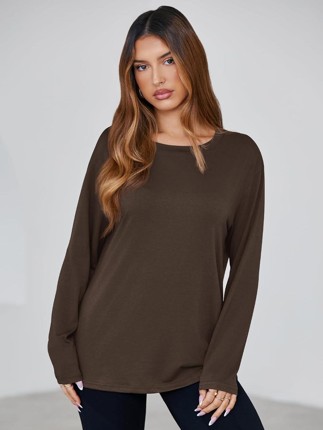 imageTankaneo Womens Long Sleeve Oversized T Shirts Basic Crewneck Workout Tee Tops 2025 Fall Loose Fit Casual Y2K ClothesCoffee