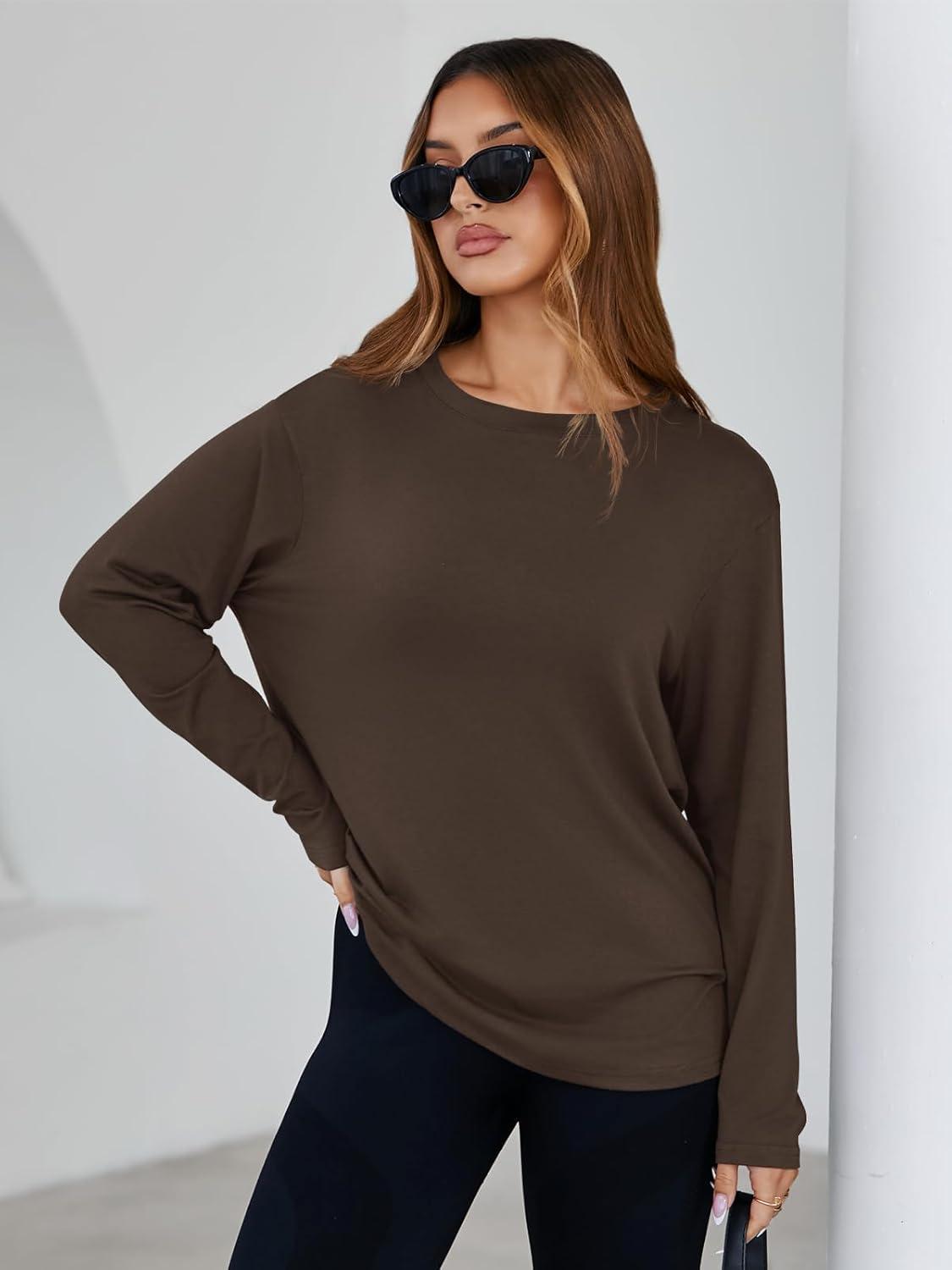 imageTankaneo Womens Long Sleeve Oversized T Shirts Basic Crewneck Workout Tee Tops 2025 Fall Loose Fit Casual Y2K ClothesCoffee