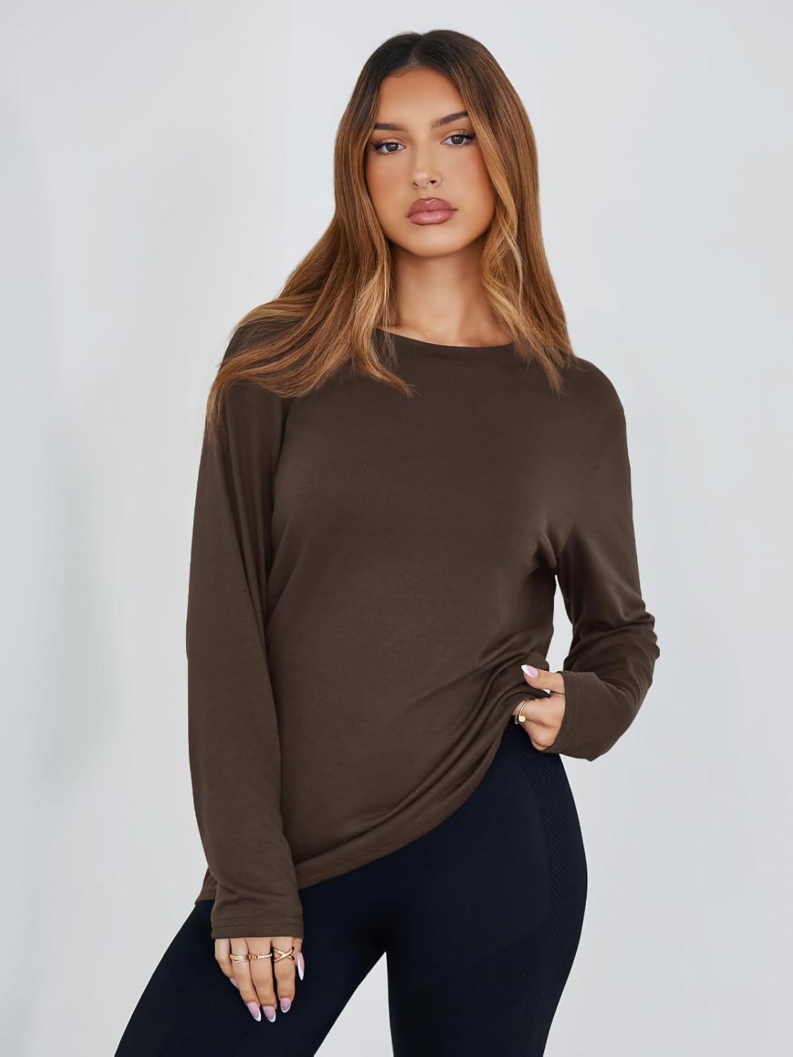 imageTankaneo Womens Long Sleeve Oversized T Shirts Basic Crewneck Workout Tee Tops 2025 Fall Loose Fit Casual Y2K ClothesCoffee