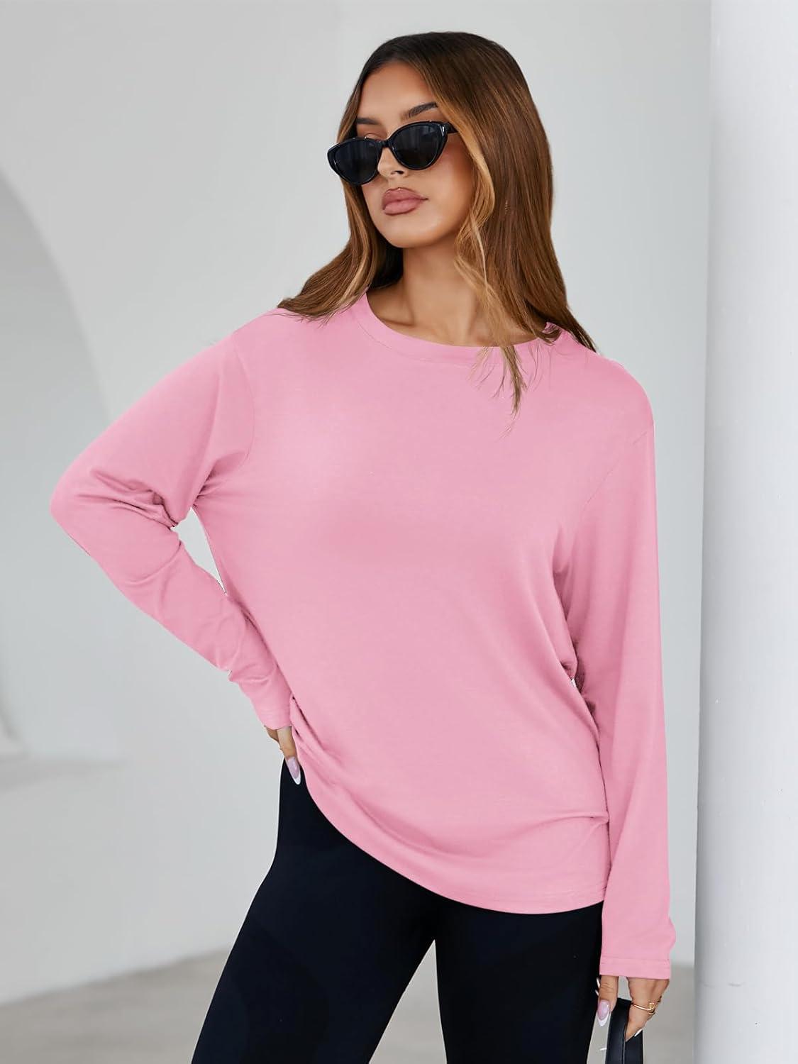 imageTankaneo Womens Long Sleeve Oversized T Shirts Basic Crewneck Workout Tee Tops 2025 Fall Loose Fit Casual Y2K ClothesPink