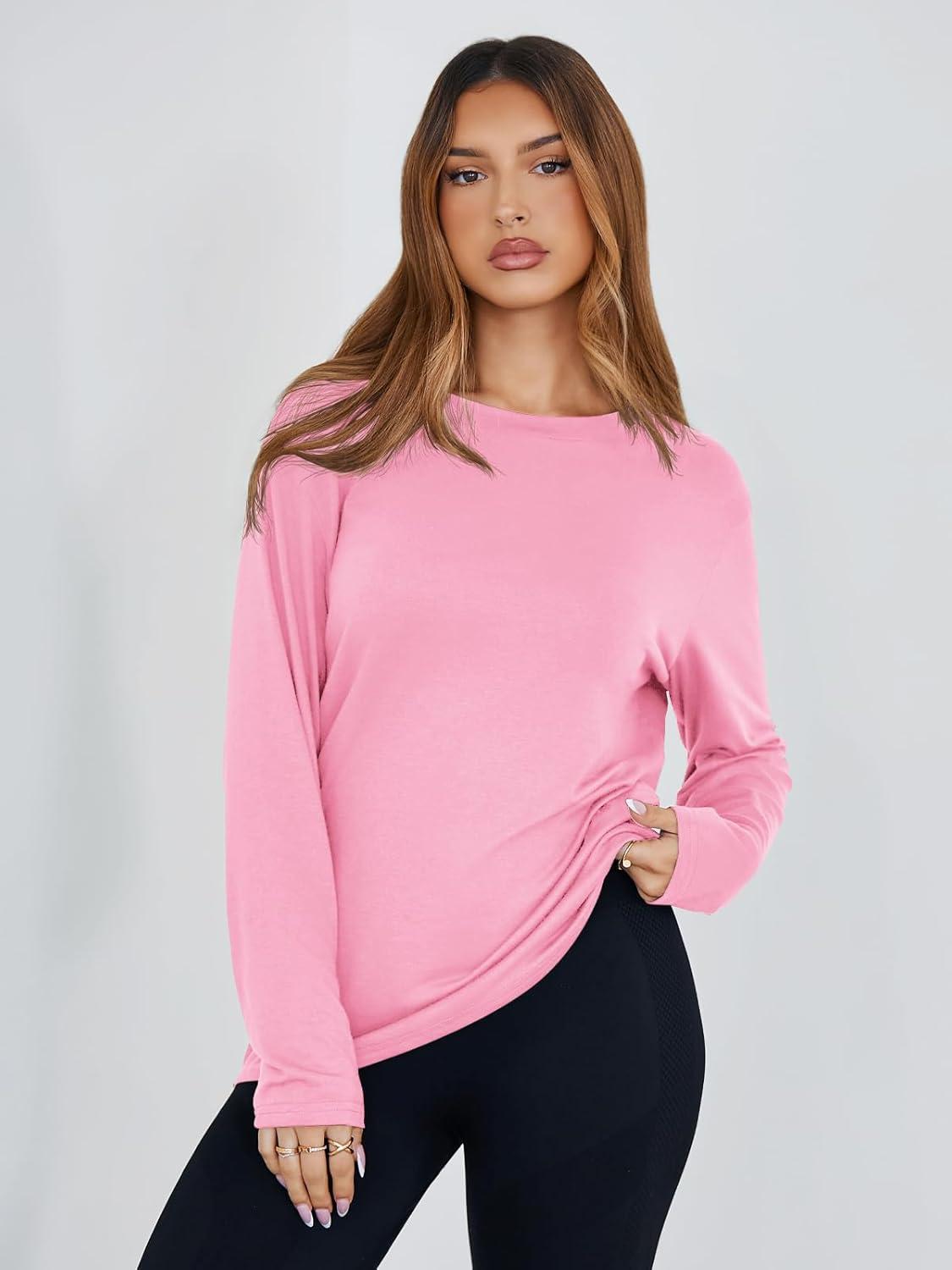 imageTankaneo Womens Long Sleeve Oversized T Shirts Basic Crewneck Workout Tee Tops 2025 Fall Loose Fit Casual Y2K ClothesPink