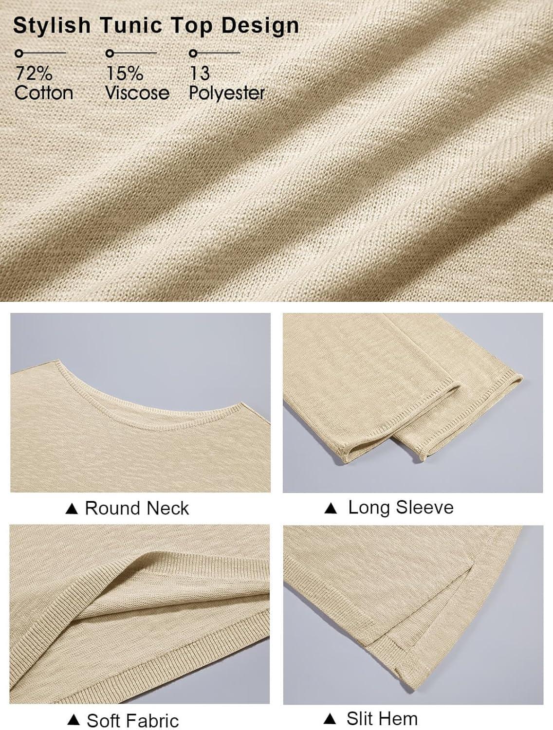 imageTankaneo Womens Long Sleeve Shirts Oversized Lightweight Sweaters Crewneck Side Slit Hem Casual Blouse Tunic TopsBeige