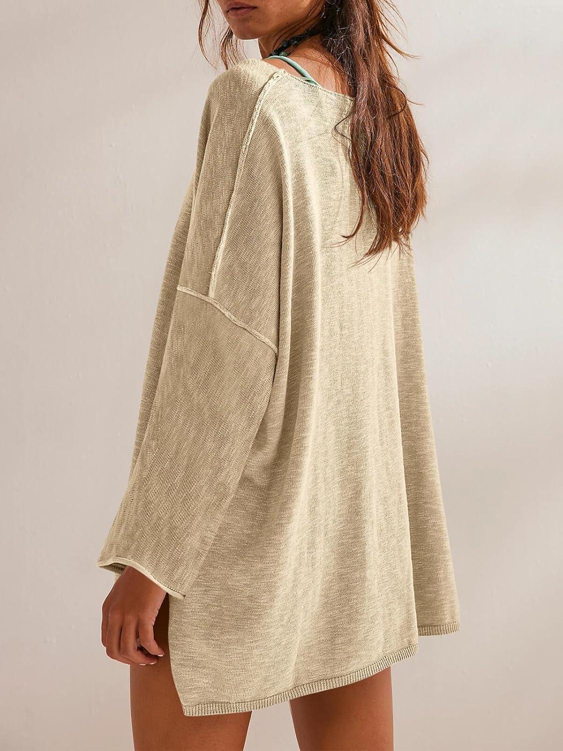 imageTankaneo Womens Long Sleeve Shirts Oversized Lightweight Sweaters Crewneck Side Slit Hem Casual Blouse Tunic TopsBeige