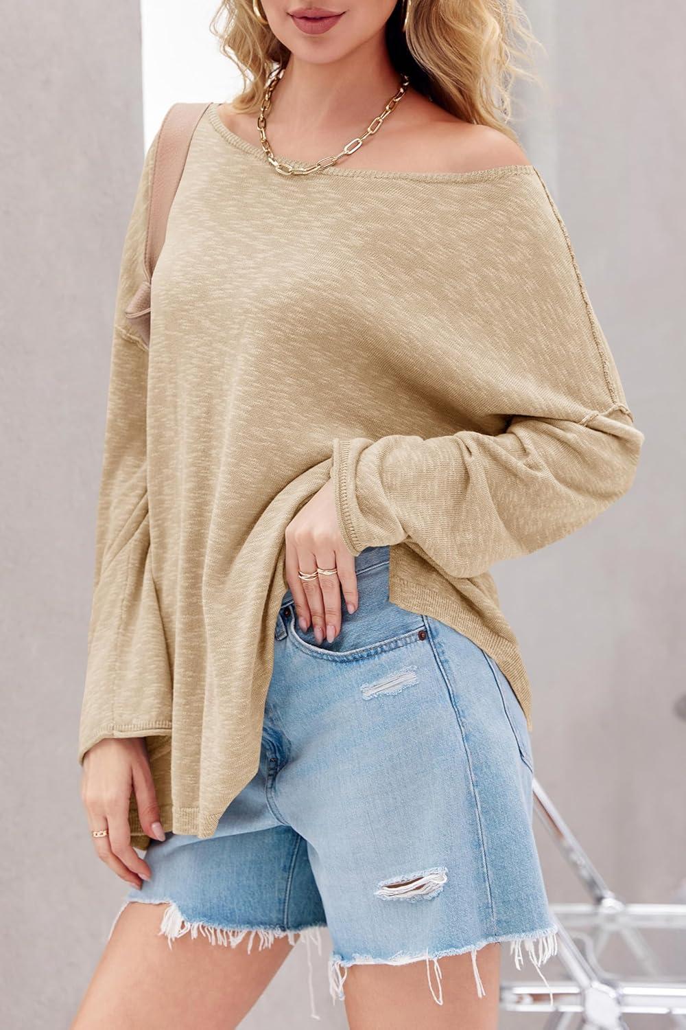 imageTankaneo Womens Long Sleeve Shirts Oversized Lightweight Sweaters Crewneck Side Slit Hem Casual Blouse Tunic TopsBeige