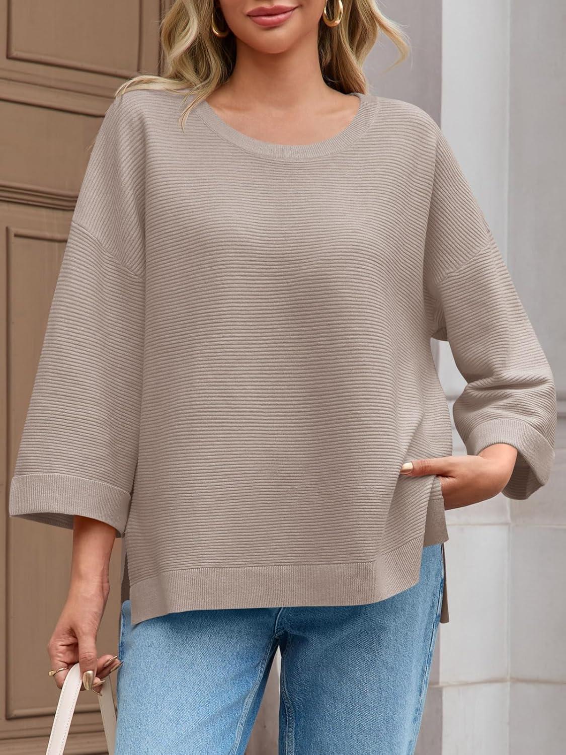 imageTankaneo Womens Oversized Sweaters Casual 34 Long Sleeve Crewneck Ribbed Knit Split Tunics Fall Loose Pullover TopsKhaki