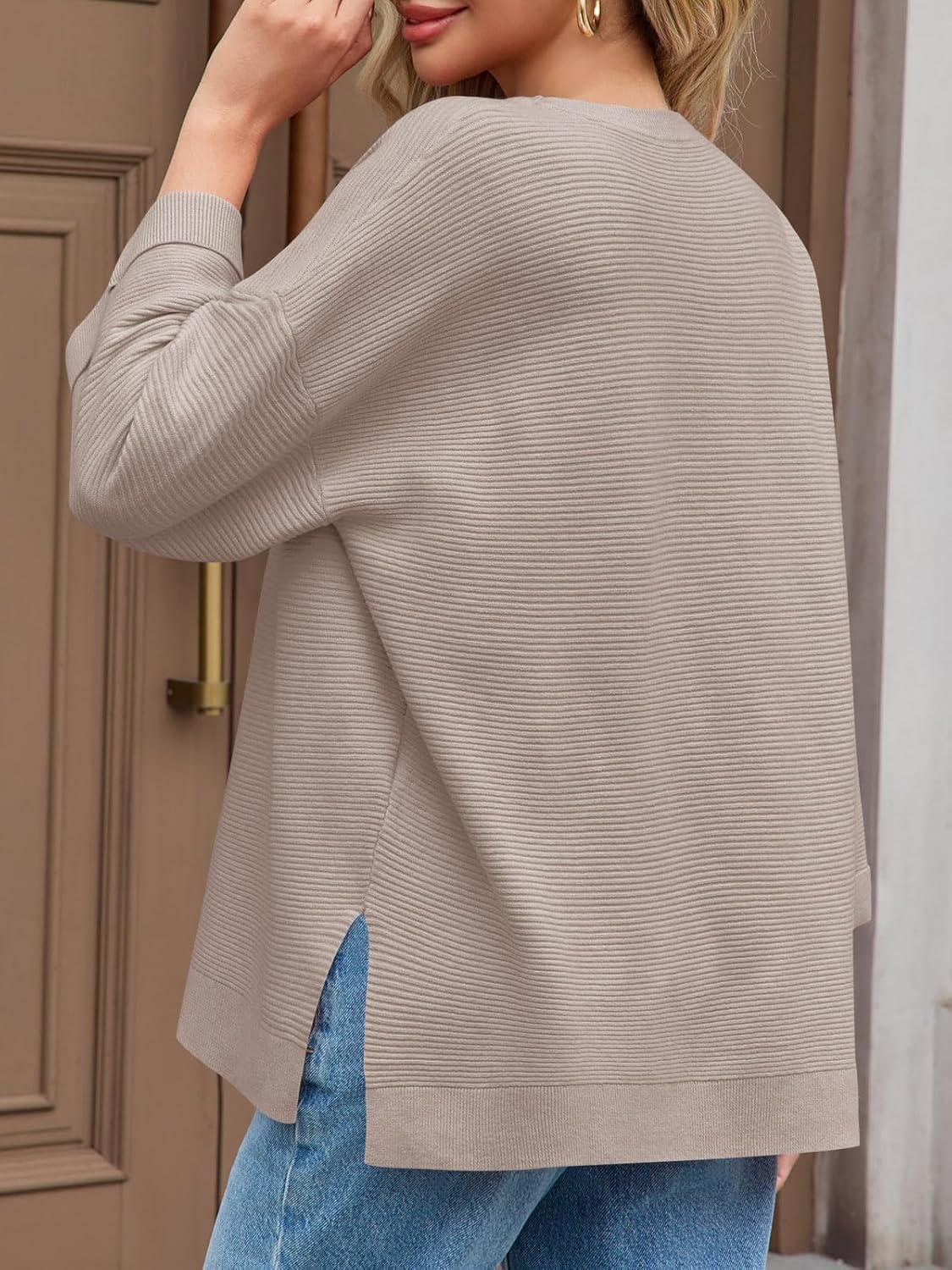 imageTankaneo Womens Oversized Sweaters Casual 34 Long Sleeve Crewneck Ribbed Knit Split Tunics Fall Loose Pullover TopsKhaki