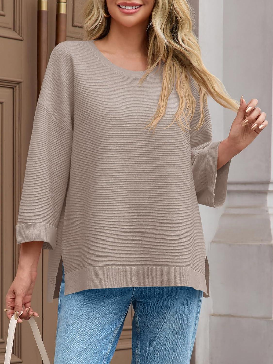 imageTankaneo Womens Oversized Sweaters Casual 34 Long Sleeve Crewneck Ribbed Knit Split Tunics Fall Loose Pullover TopsKhaki