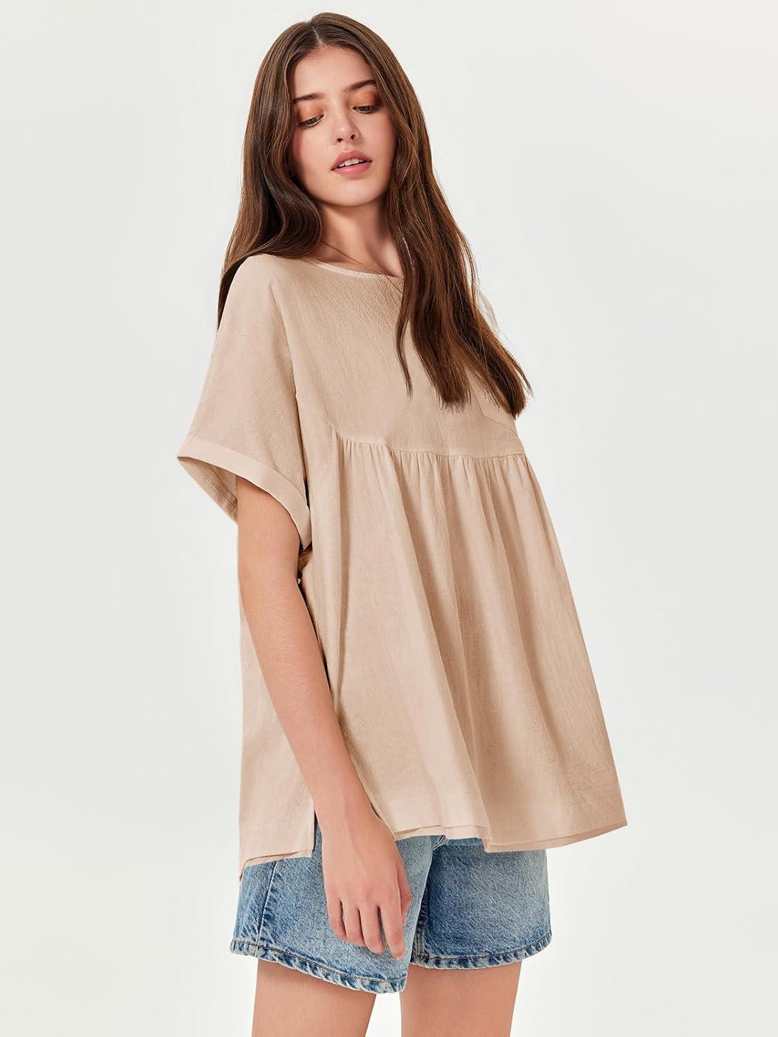 imageTankaneo Womens Summer Babydoll Tops Casual Loose Fit Peplum Oversized Tunic ShirtsKhaki