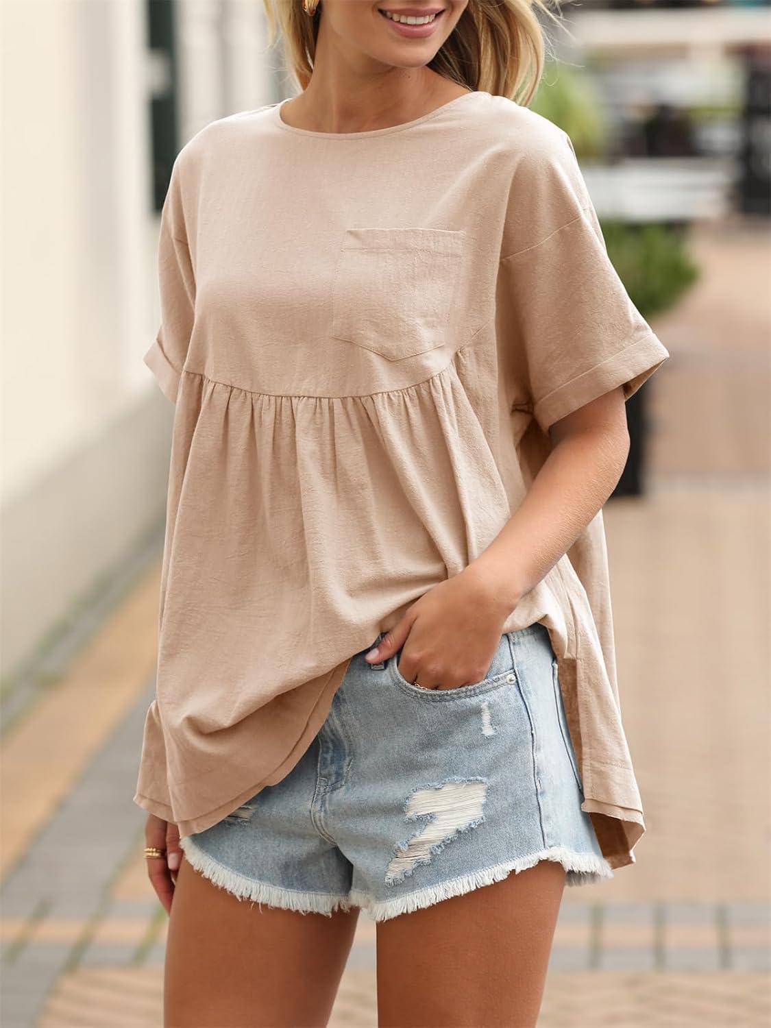 imageTankaneo Womens Summer Babydoll Tops Casual Loose Fit Peplum Oversized Tunic ShirtsKhaki