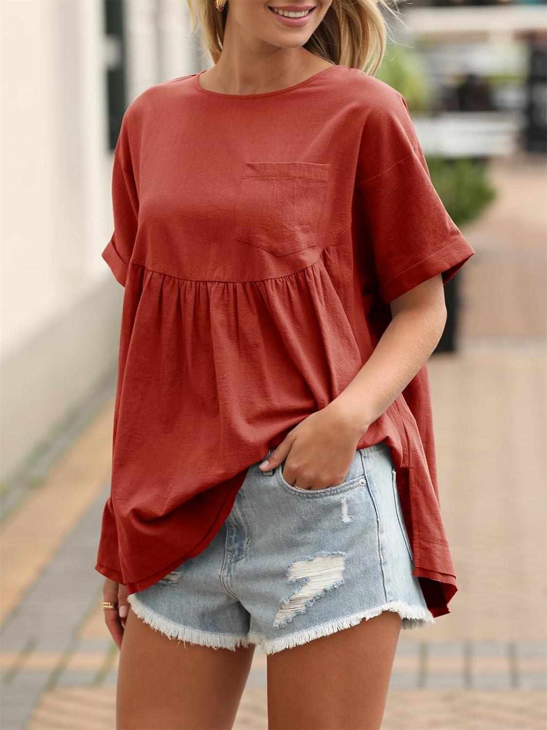 imageTankaneo Womens Summer Babydoll Tops Casual Loose Fit Peplum Oversized Tunic ShirtsOrange Red