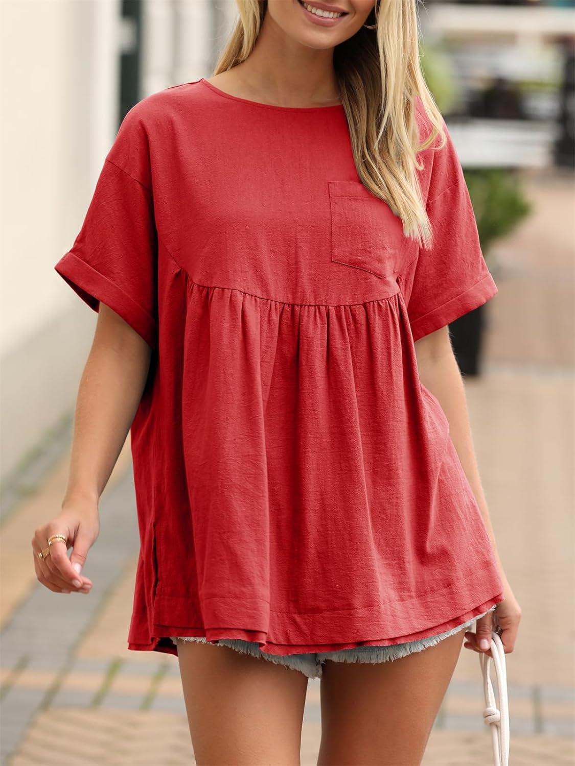 imageTankaneo Womens Summer Babydoll Tops Casual Loose Fit Peplum Oversized Tunic ShirtsRed