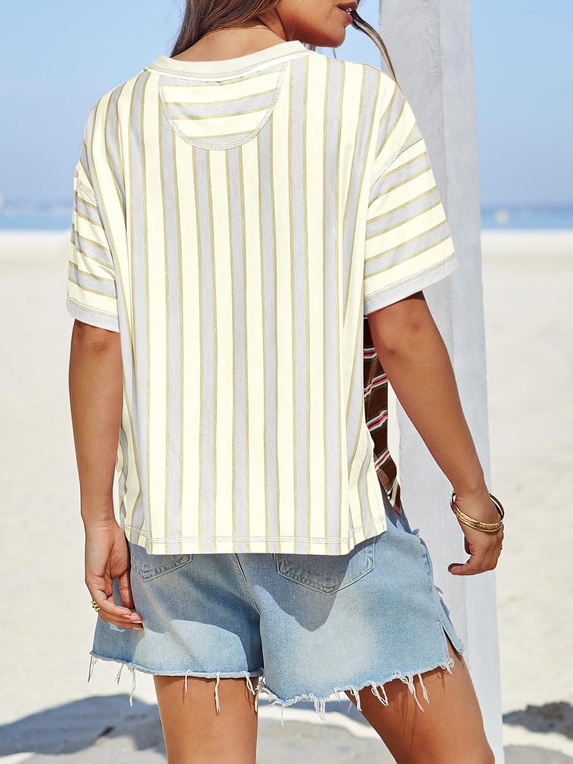 imageTankaneo Womens Summer Striped Shirts Casual Color Block Short Sleeve Tops Loose Fit Crew Neck TeesBeige