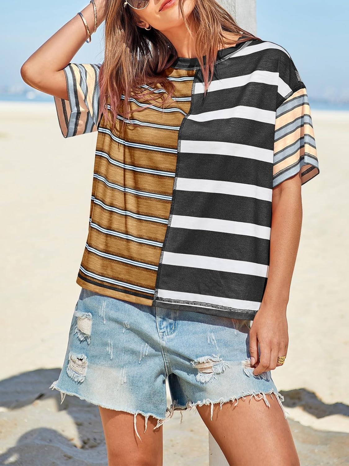 imageTankaneo Womens Summer Striped Shirts Casual Color Block Short Sleeve Tops Loose Fit Crew Neck TeesBlack