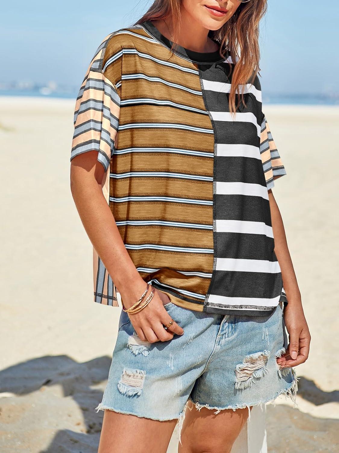 imageTankaneo Womens Summer Striped Shirts Casual Color Block Short Sleeve Tops Loose Fit Crew Neck TeesBlack