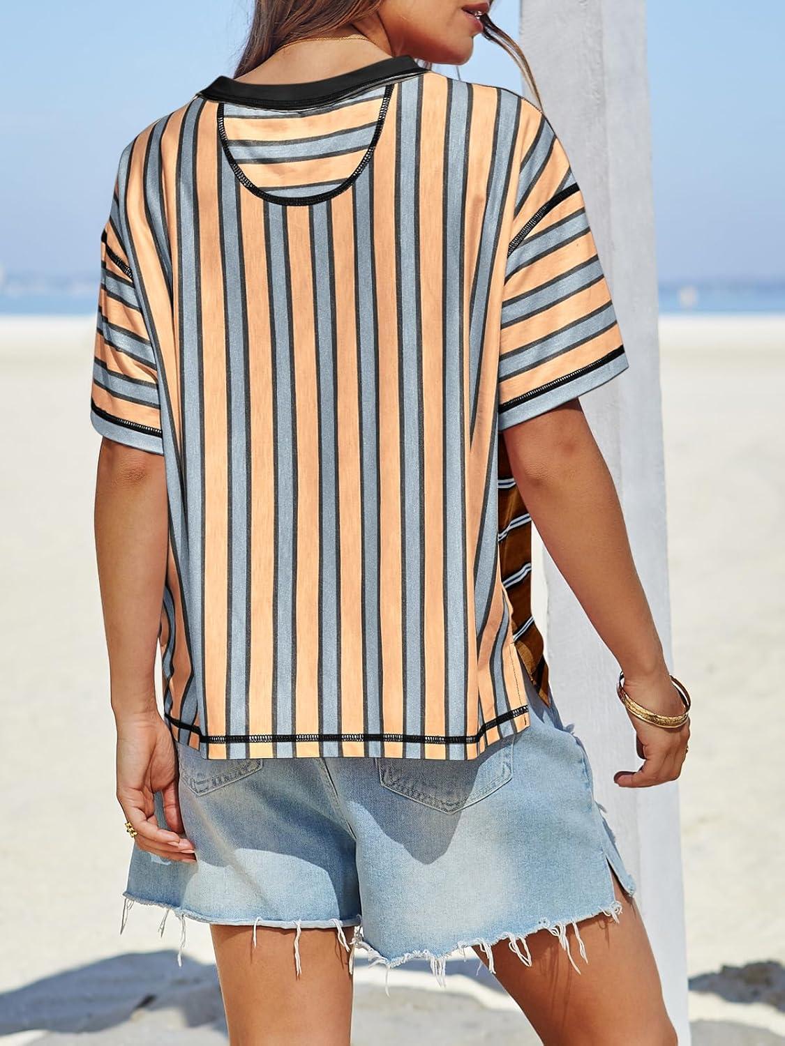 imageTankaneo Womens Summer Striped Shirts Casual Color Block Short Sleeve Tops Loose Fit Crew Neck TeesBlack