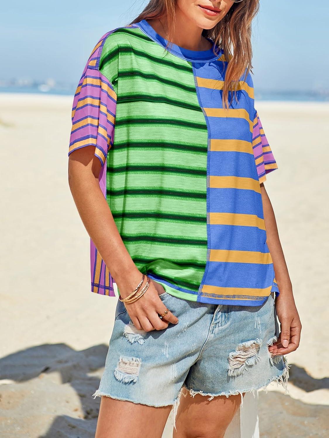 imageTankaneo Womens Summer Striped Shirts Casual Color Block Short Sleeve Tops Loose Fit Crew Neck TeesBluegreen