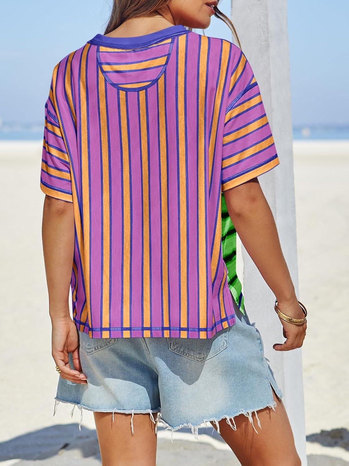 imageTankaneo Womens Summer Striped Shirts Casual Color Block Short Sleeve Tops Loose Fit Crew Neck TeesBluegreen