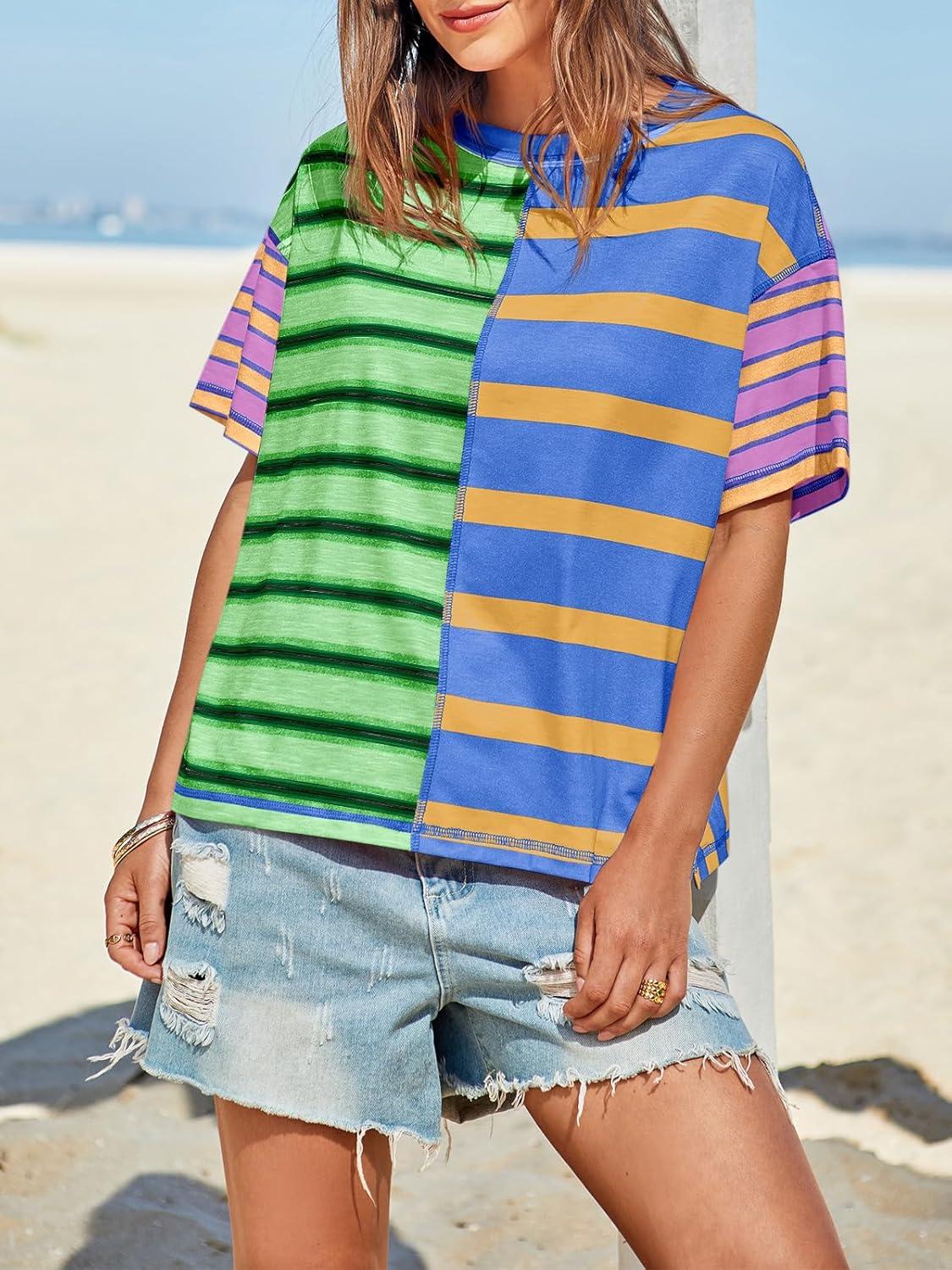 imageTankaneo Womens Summer Striped Shirts Casual Color Block Short Sleeve Tops Loose Fit Crew Neck TeesBluegreen