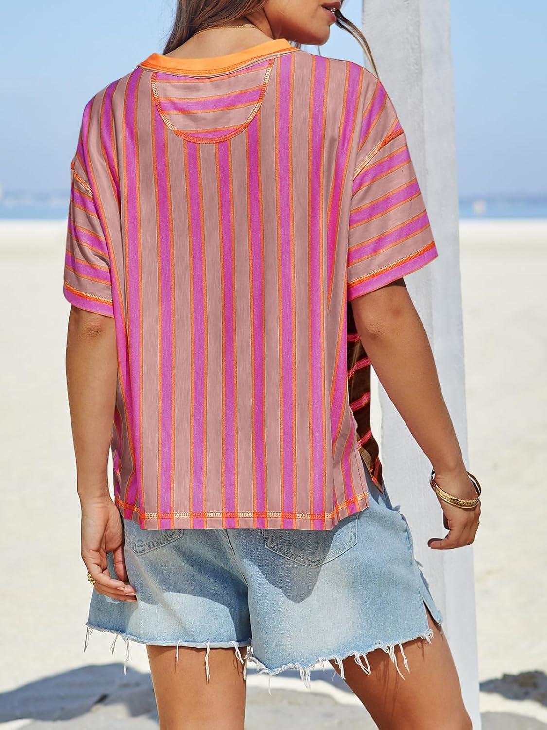 imageTankaneo Womens Summer Striped Shirts Casual Color Block Short Sleeve Tops Loose Fit Crew Neck TeesCoffee