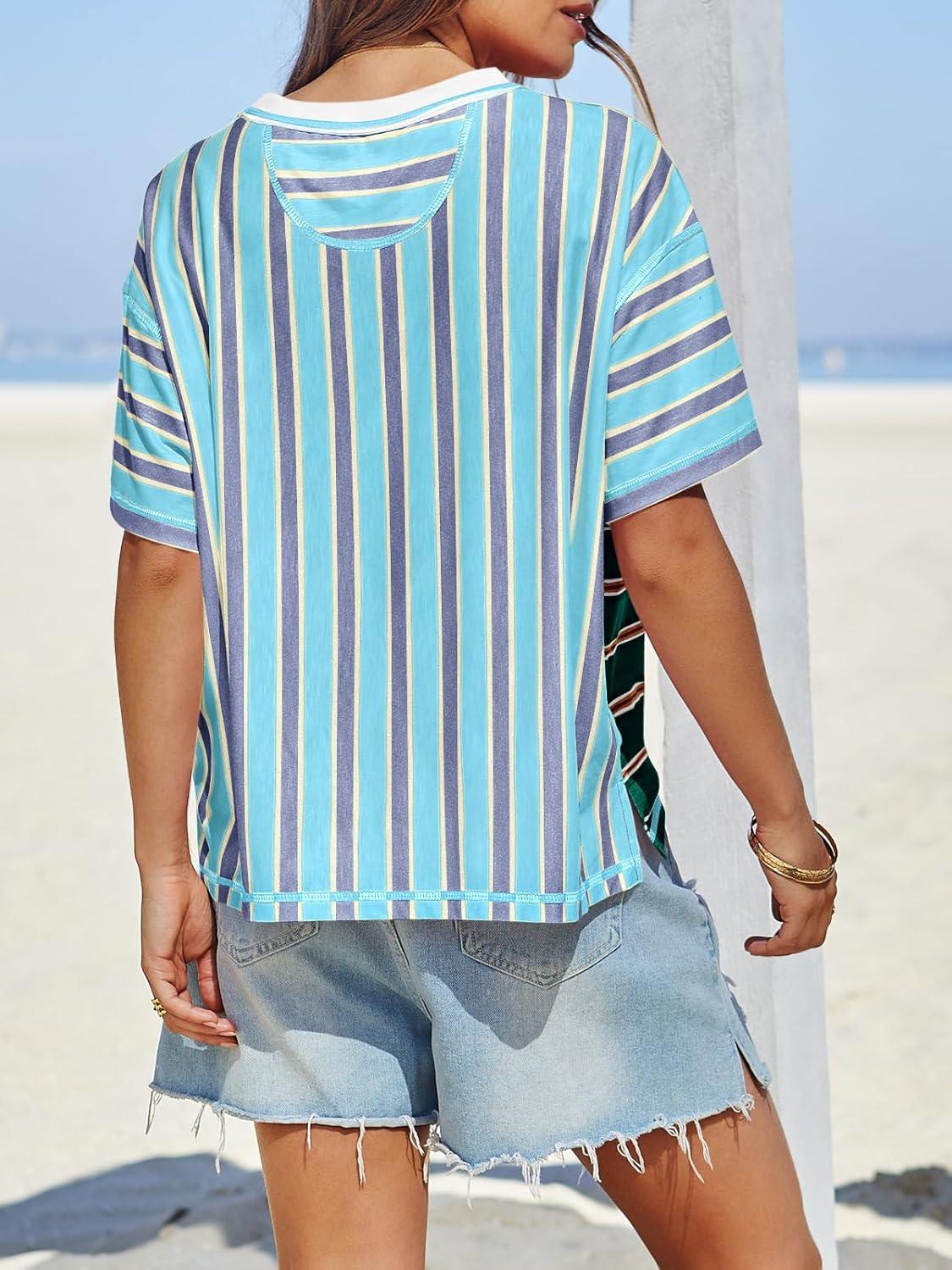 imageTankaneo Womens Summer Striped Shirts Casual Color Block Short Sleeve Tops Loose Fit Crew Neck TeesDark Green