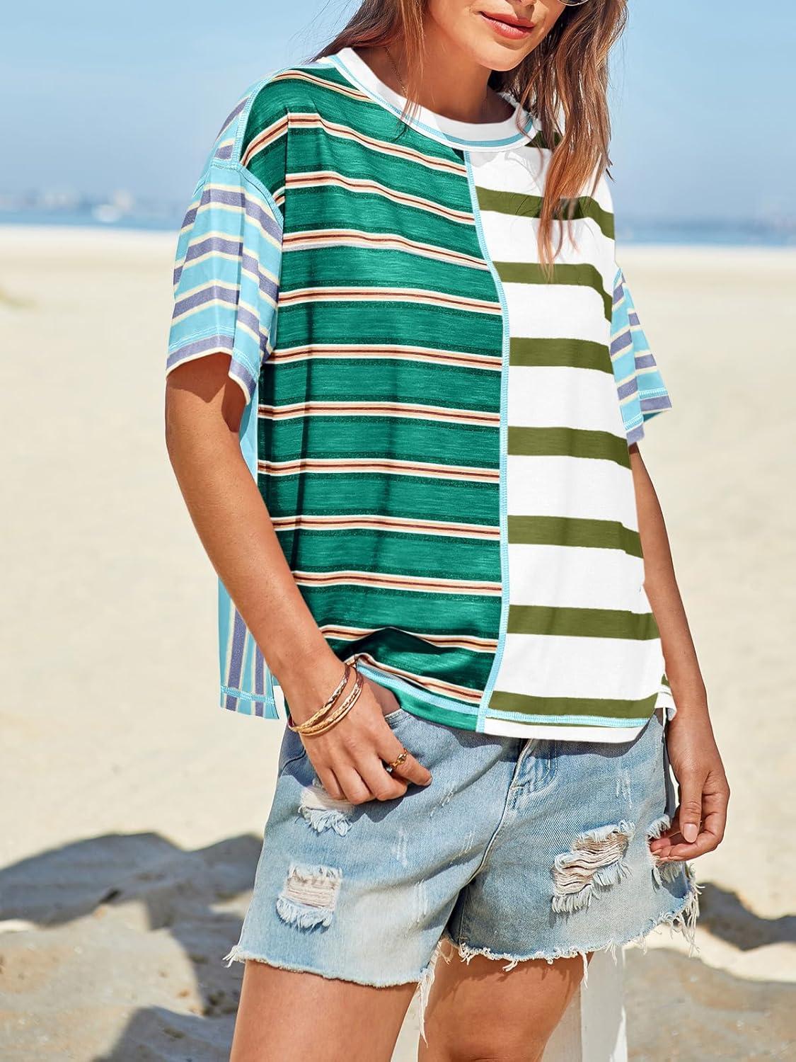 imageTankaneo Womens Summer Striped Shirts Casual Color Block Short Sleeve Tops Loose Fit Crew Neck TeesDark Green