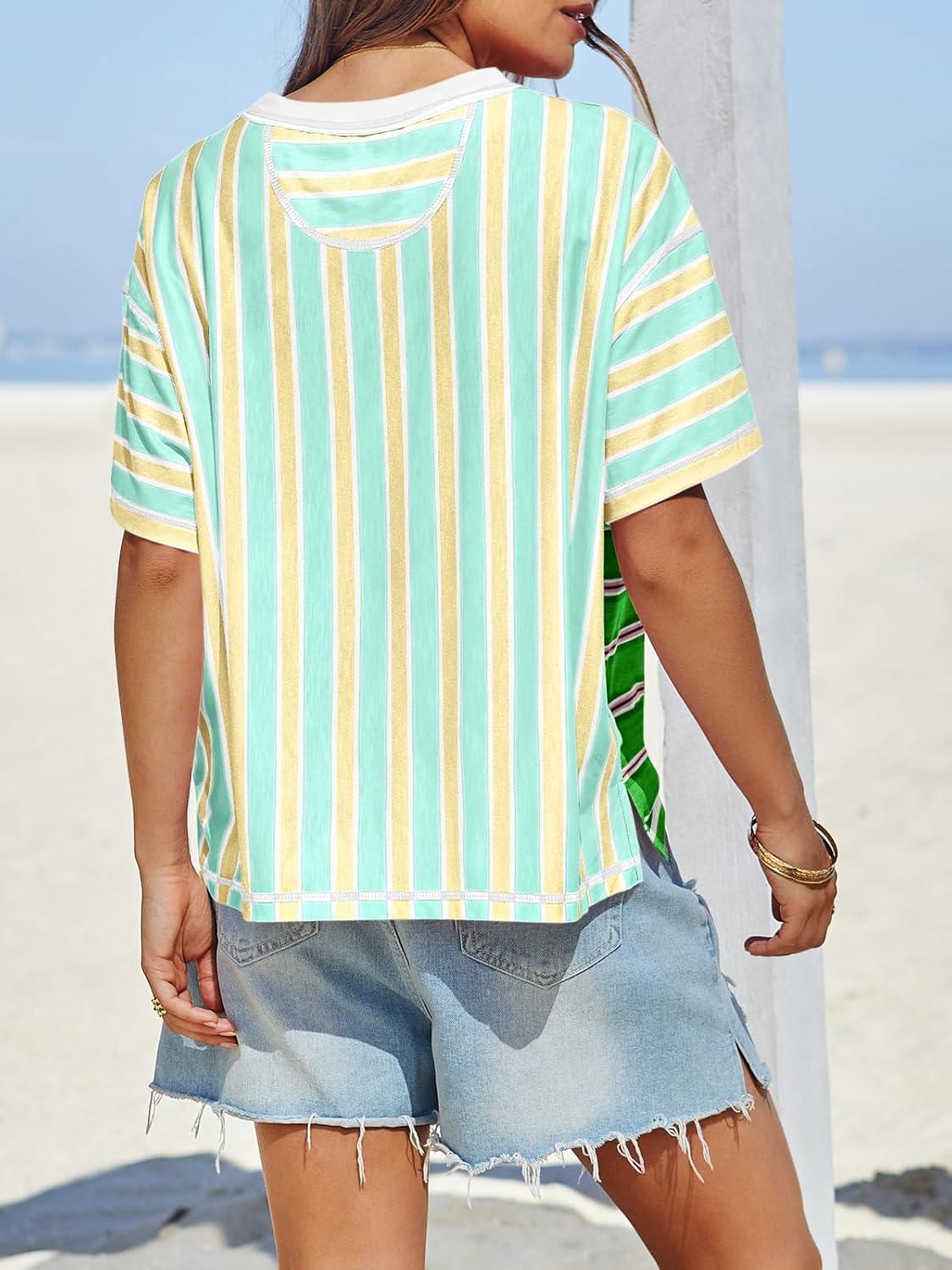 imageTankaneo Womens Summer Striped Shirts Casual Color Block Short Sleeve Tops Loose Fit Crew Neck TeesGreen